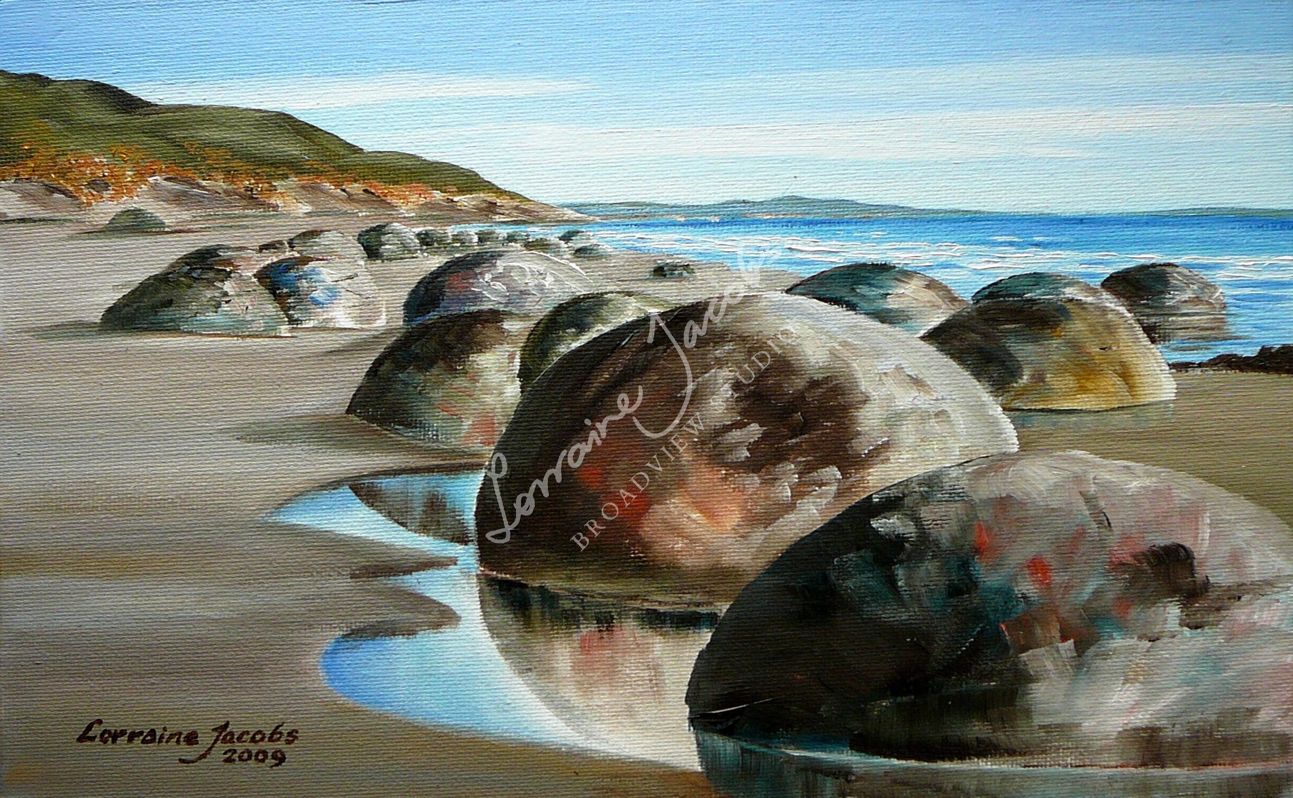 Moeraki Boulders III (oil on canvas board) – Lorraine Jacobs